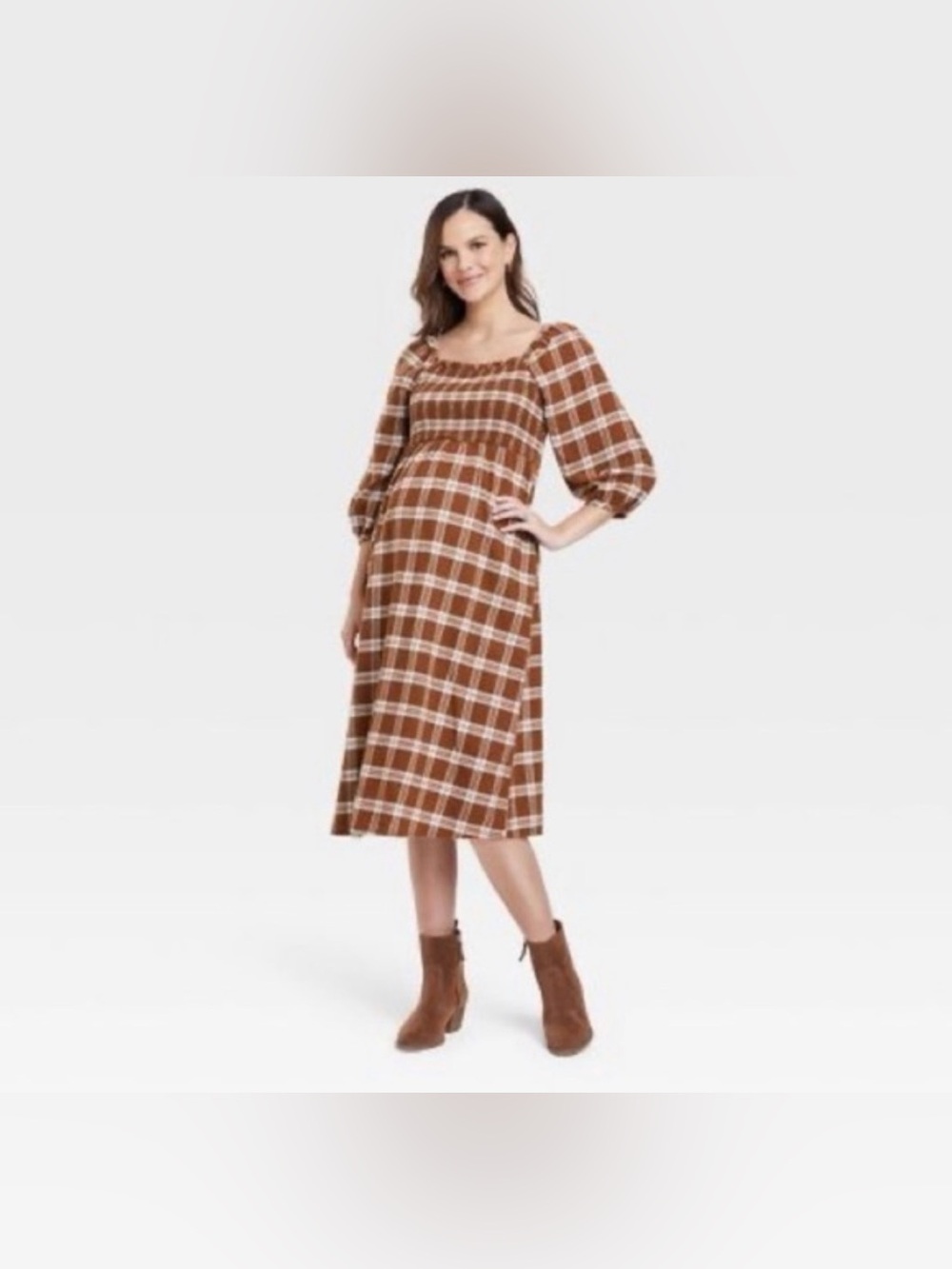 Isabel Plaid Puff-Sleeve Midi Dress in Brown S